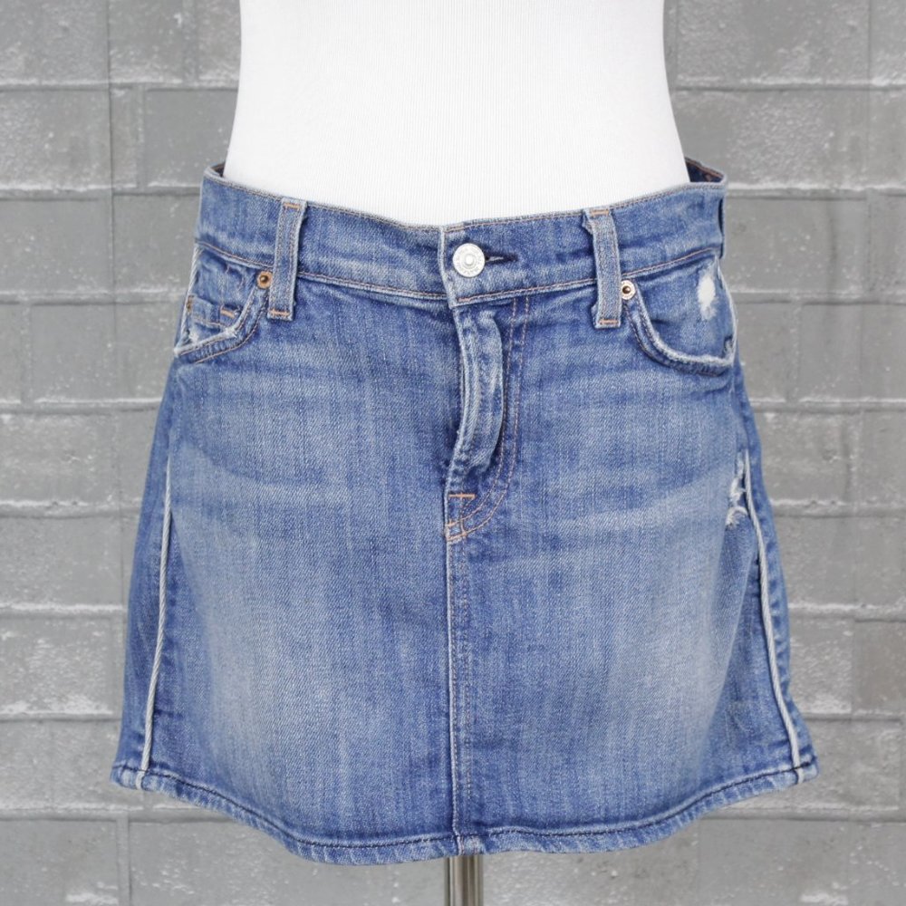7FAM Distressed Denim MR Mini Skirt 29